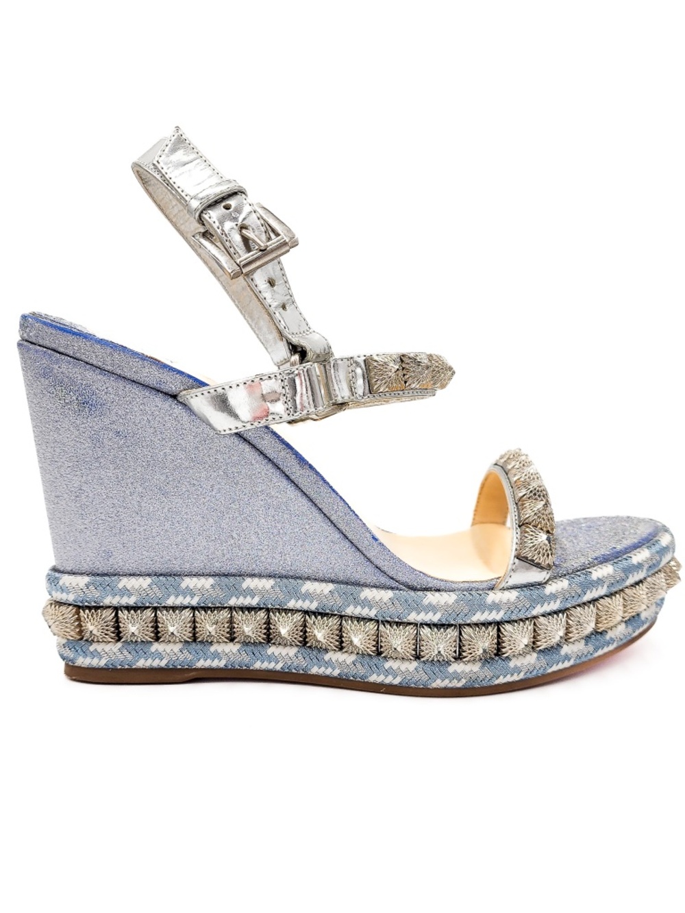 Christian Louboutin Silver Glitter Studded Espadrille Platform Sandals EU 38